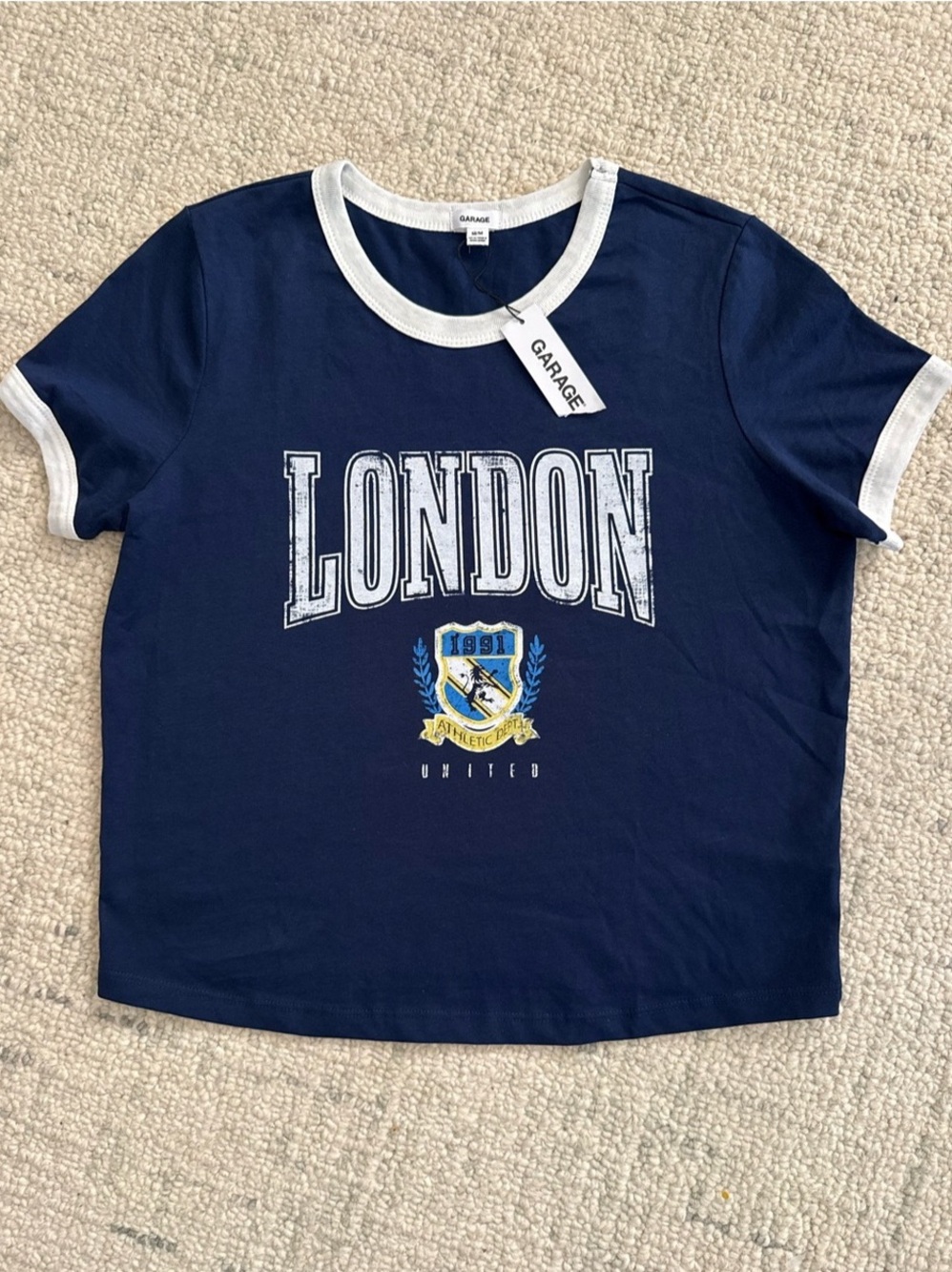 Garage London Athletic Dept Ringer Tee Blue & White Size Medium